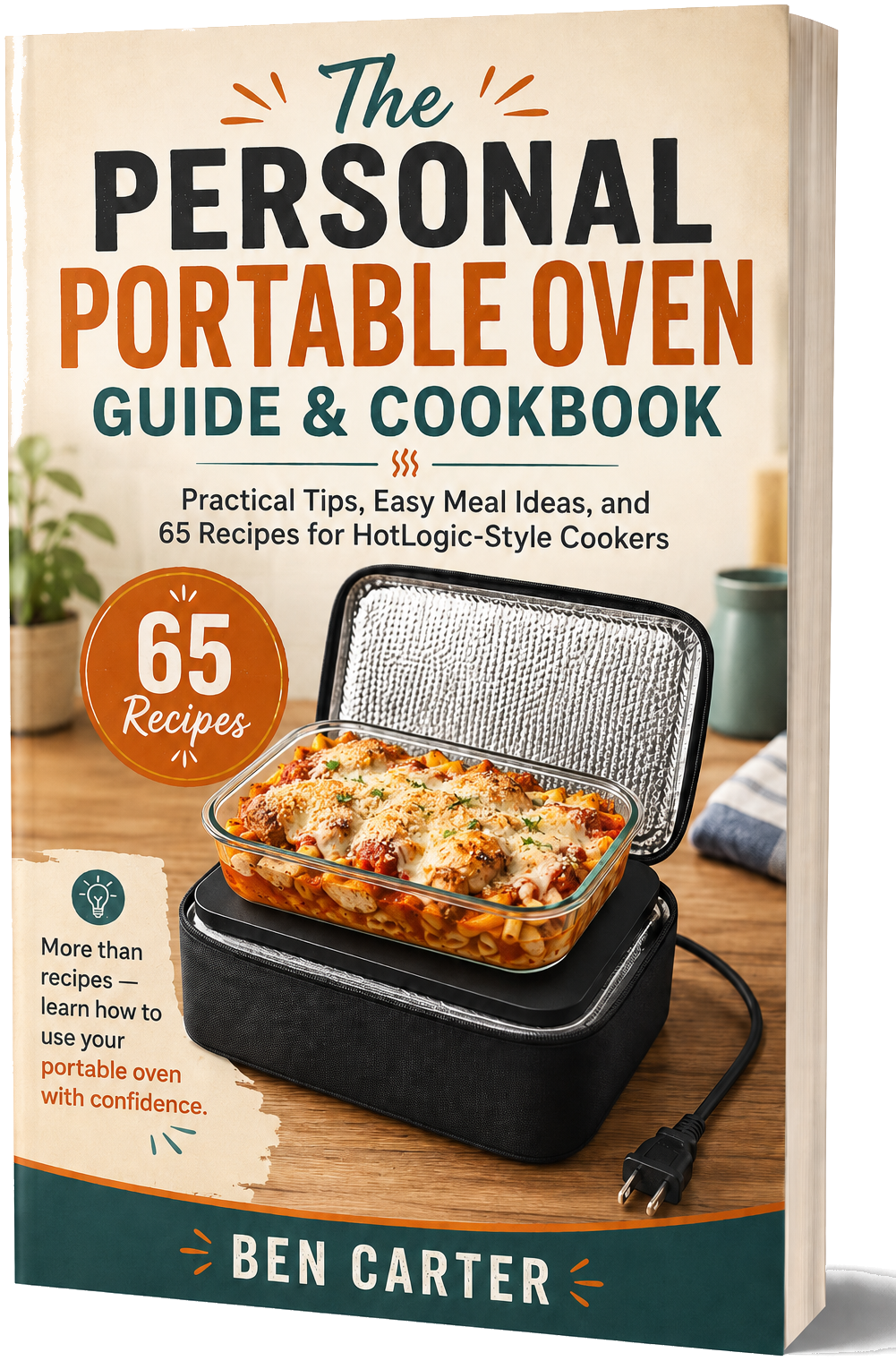 The Personal Portable Oven Guide and Cookbook by Ben Carter - book cover showing 65 recipes for HotLogic-style cookers